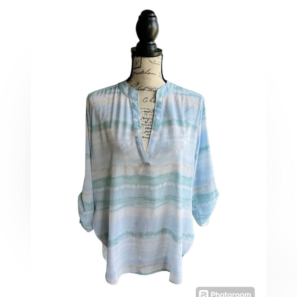 Cloth and Portrait Pullover Blouse Watercolor Print Semi Sheer Womens Sz Medium
